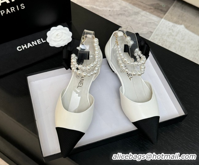Good Product Chanel Lambskin & Grosgrain Flats Shoes with Pearls and Camellia Bloom White 2025 CH110313 1103115
