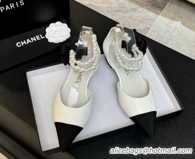 Good Product Chanel Lambskin & Grosgrain Flats Shoes with Pearls and Camellia Bloom White 2025 CH110313 1103115