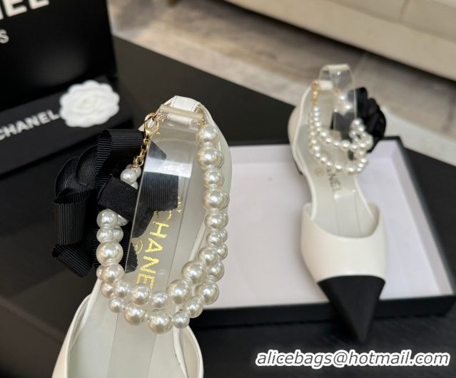 Good Product Chanel Lambskin & Grosgrain Flats Shoes with Pearls and Camellia Bloom White 2025 CH110313 1103115