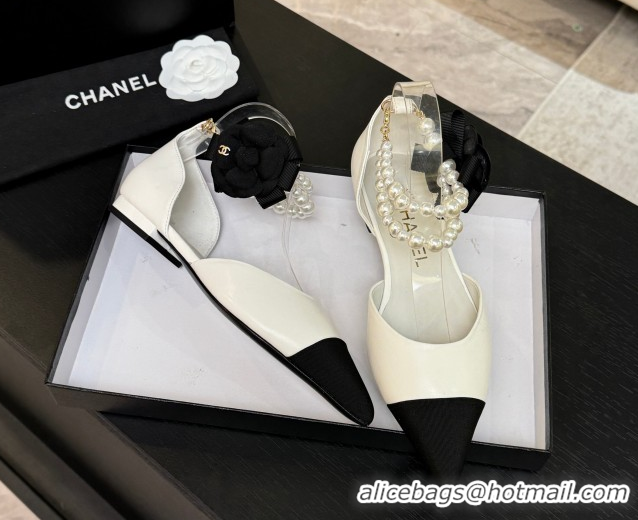 Good Product Chanel Lambskin & Grosgrain Flats Shoes with Pearls and Camellia Bloom White 2025 CH110313 1103115