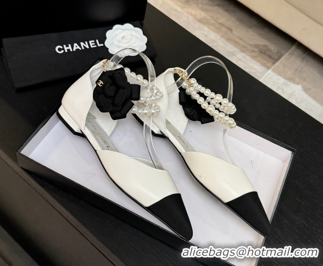 Good Product Chanel Lambskin & Grosgrain Flats Shoes with Pearls and Camellia Bloom White 2025 CH110313 1103115