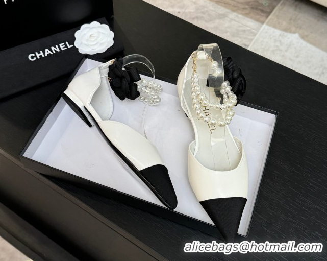Good Product Chanel Lambskin & Grosgrain Flats Shoes with Pearls and Camellia Bloom White 2025 CH110313 1103115