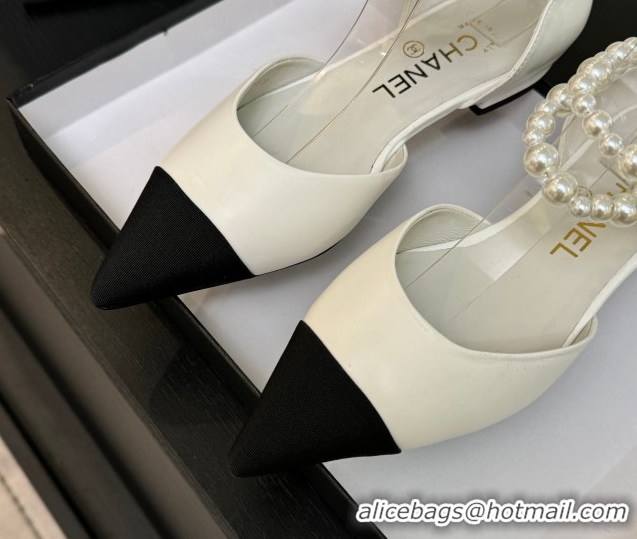 Good Product Chanel Lambskin & Grosgrain Flats Shoes with Pearls and Camellia Bloom White 2025 CH110313 1103115