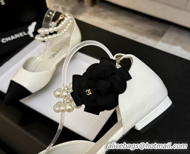 Good Product Chanel Lambskin & Grosgrain Flats Shoes with Pearls and Camellia Bloom White 2025 CH110313 1103115