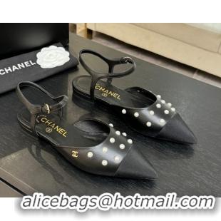 Buy Luxury Chanel Lambskin & Grosgrain Flats Slingbacks with Pearls Black 2025 CH110314 1103117