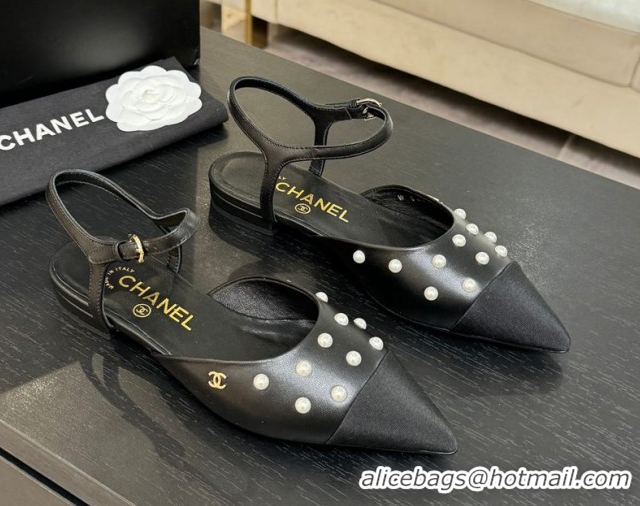 Buy Luxury Chanel Lambskin & Grosgrain Flats Slingbacks with Pearls Black 2025 CH110314 1103117