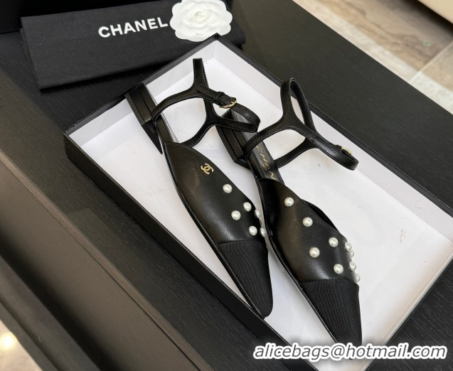 Buy Luxury Chanel Lambskin & Grosgrain Flats Slingbacks with Pearls Black 2025 CH110314 1103117