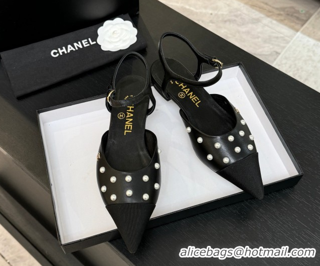 Buy Luxury Chanel Lambskin & Grosgrain Flats Slingbacks with Pearls Black 2025 CH110314 1103117