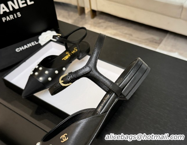 Buy Luxury Chanel Lambskin & Grosgrain Flats Slingbacks with Pearls Black 2025 CH110314 1103117