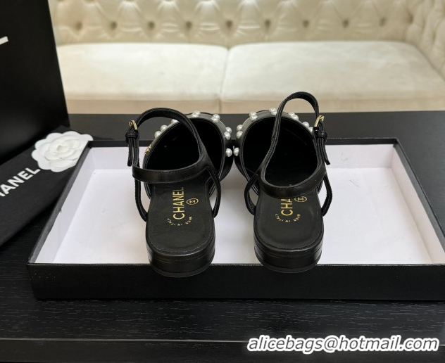 Buy Luxury Chanel Lambskin & Grosgrain Flats Slingbacks with Pearls Black 2025 CH110314 1103117