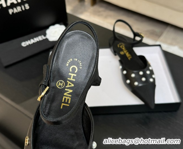 Buy Luxury Chanel Lambskin & Grosgrain Flats Slingbacks with Pearls Black 2025 CH110314 1103117