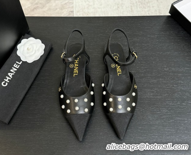 Buy Luxury Chanel Lambskin & Grosgrain Flats Slingbacks with Pearls Black 2025 CH110314 1103117