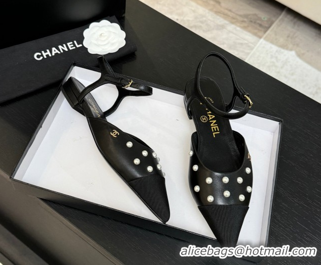 Buy Luxury Chanel Lambskin & Grosgrain Flats Slingbacks with Pearls Black 2025 CH110314 1103117
