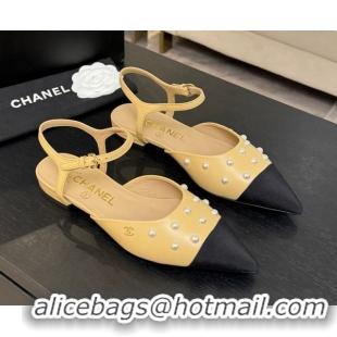 Best Price Chanel Lambskin & Grosgrain Flats Slingbacks with Pearls Beige Yellow 2025 CH110314 1103116