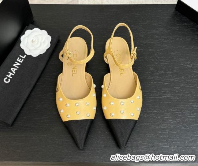 Best Price Chanel Lambskin & Grosgrain Flats Slingbacks with Pearls Beige Yellow 2025 CH110314 1103116