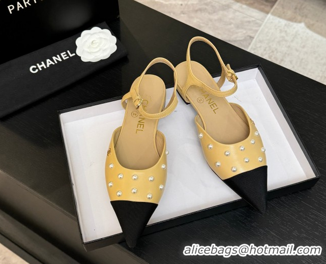 Best Price Chanel Lambskin & Grosgrain Flats Slingbacks with Pearls Beige Yellow 2025 CH110314 1103116