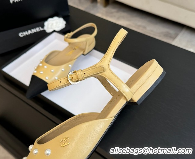 Best Price Chanel Lambskin & Grosgrain Flats Slingbacks with Pearls Beige Yellow 2025 CH110314 1103116
