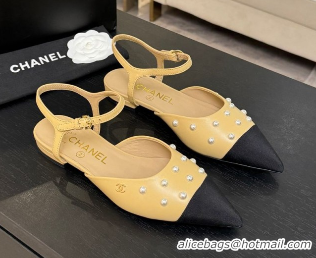 Best Price Chanel Lambskin & Grosgrain Flats Slingbacks with Pearls Beige Yellow 2025 CH110314 1103116
