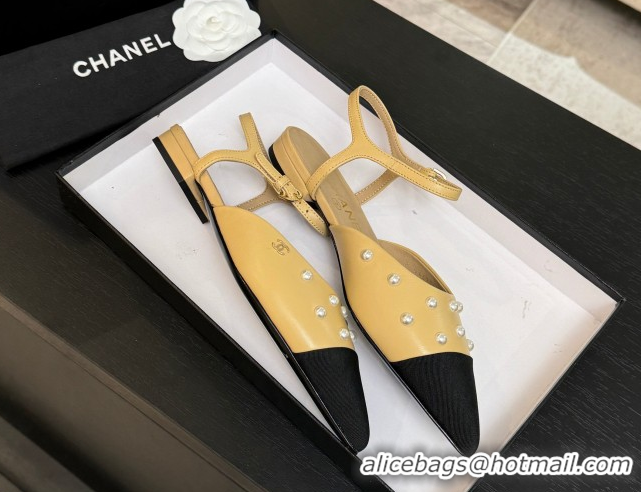Best Price Chanel Lambskin & Grosgrain Flats Slingbacks with Pearls Beige Yellow 2025 CH110314 1103116