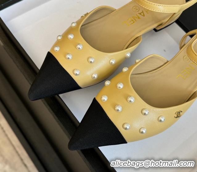 Best Price Chanel Lambskin & Grosgrain Flats Slingbacks with Pearls Beige Yellow 2025 CH110314 1103116