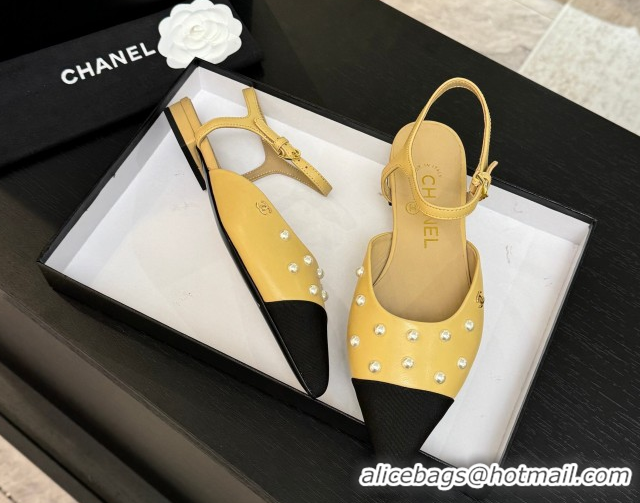 Best Price Chanel Lambskin & Grosgrain Flats Slingbacks with Pearls Beige Yellow 2025 CH110314 1103116