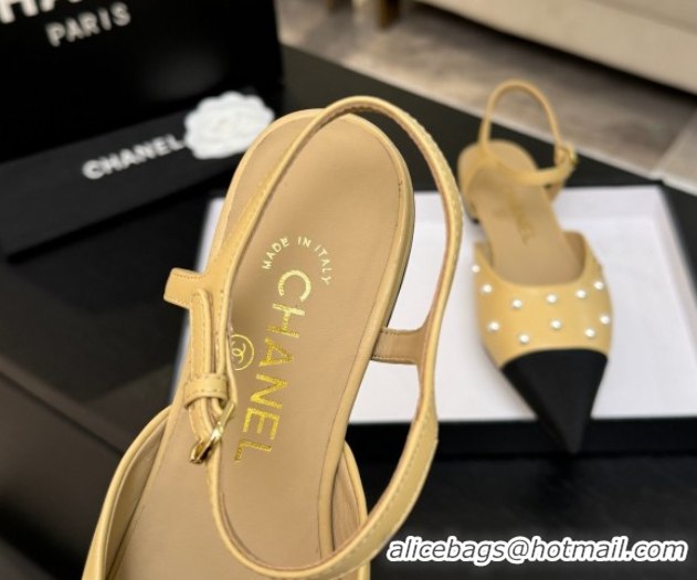 Best Price Chanel Lambskin & Grosgrain Flats Slingbacks with Pearls Beige Yellow 2025 CH110314 1103116