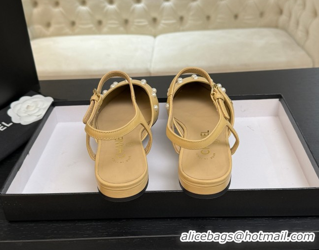 Best Price Chanel Lambskin & Grosgrain Flats Slingbacks with Pearls Beige Yellow 2025 CH110314 1103116