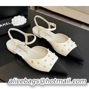 Low Cost Chanel Lambskin & Grosgrain Flats Slingbacks with Pearls White 2025 CH110314 1103118