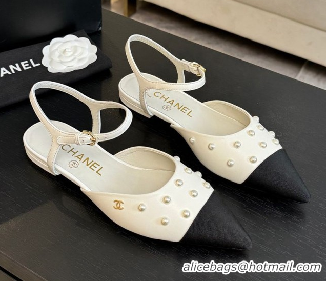 Low Cost Chanel Lambskin & Grosgrain Flats Slingbacks with Pearls White 2025 CH110314 1103118