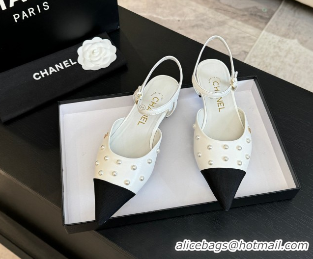Low Cost Chanel Lambskin & Grosgrain Flats Slingbacks with Pearls White 2025 CH110314 1103118