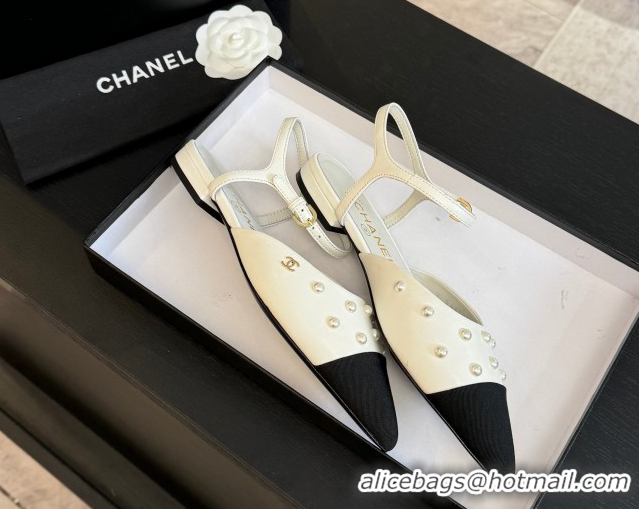 Low Cost Chanel Lambskin & Grosgrain Flats Slingbacks with Pearls White 2025 CH110314 1103118
