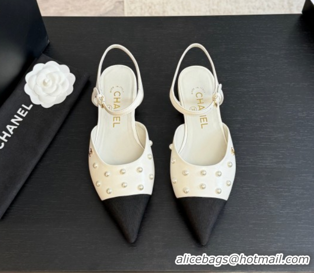 Low Cost Chanel Lambskin & Grosgrain Flats Slingbacks with Pearls White 2025 CH110314 1103118