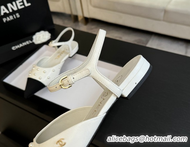 Low Cost Chanel Lambskin & Grosgrain Flats Slingbacks with Pearls White 2025 CH110314 1103118