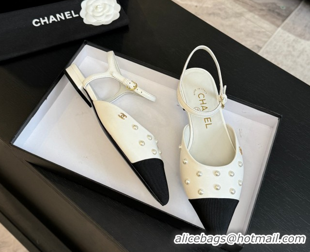 Low Cost Chanel Lambskin & Grosgrain Flats Slingbacks with Pearls White 2025 CH110314 1103118