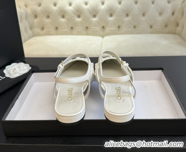 Low Cost Chanel Lambskin & Grosgrain Flats Slingbacks with Pearls White 2025 CH110314 1103118