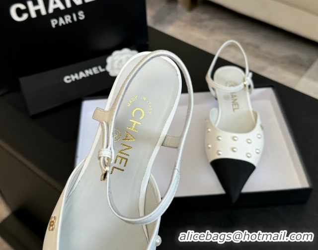 Low Cost Chanel Lambskin & Grosgrain Flats Slingbacks with Pearls White 2025 CH110314 1103118
