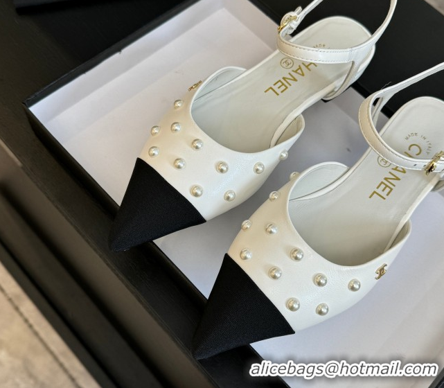 Low Cost Chanel Lambskin & Grosgrain Flats Slingbacks with Pearls White 2025 CH110314 1103118