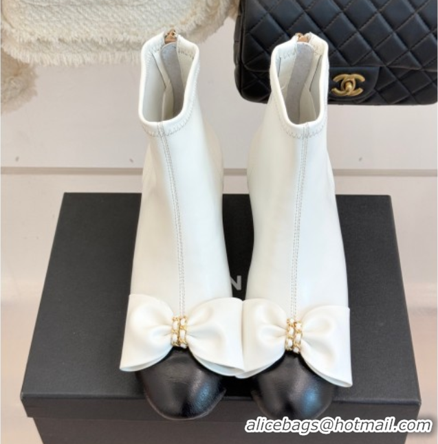 Luxury Chanel Lambskin Heel Ankle Boots with Bow White 2025 CH110303 1103121