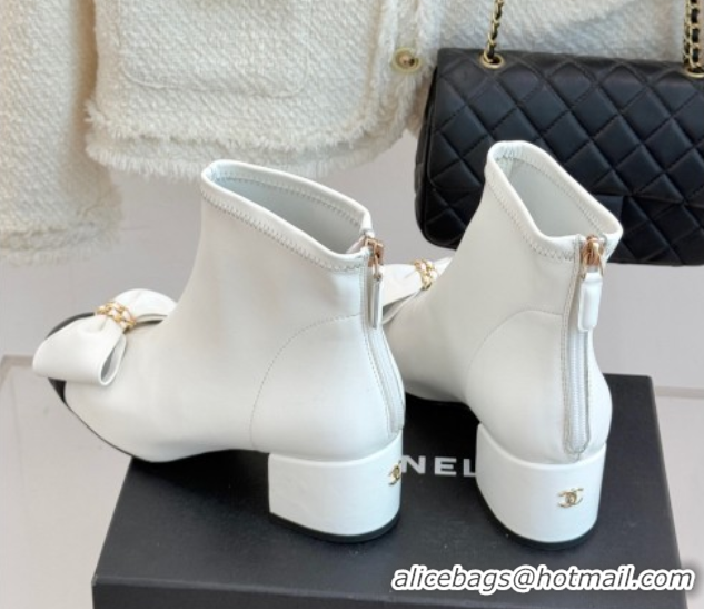 Luxury Chanel Lambskin Heel Ankle Boots with Bow White 2025 CH110303 1103121