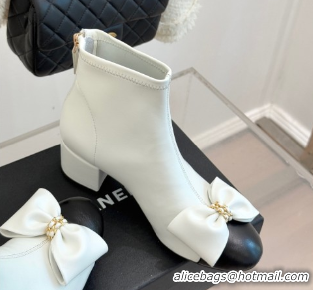 Luxury Chanel Lambskin Heel Ankle Boots with Bow White 2025 CH110303 1103121