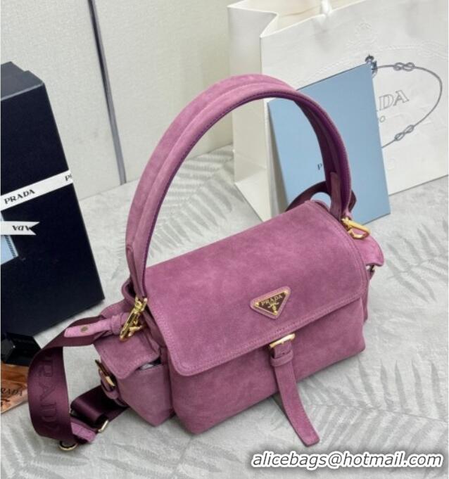 Best Design Prada Explore medium suede shoulder bag with flap 1BD394 Purple 2025