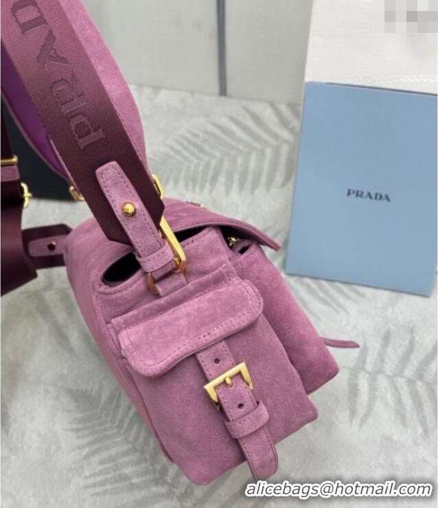 Best Design Prada Explore medium suede shoulder bag with flap 1BD394 Purple 2025