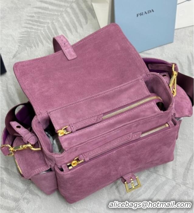 Best Design Prada Explore medium suede shoulder bag with flap 1BD394 Purple 2025