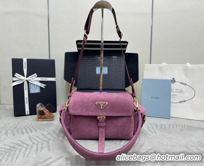 Best Design Prada Explore medium suede shoulder bag with flap 1BD394 Purple 2025