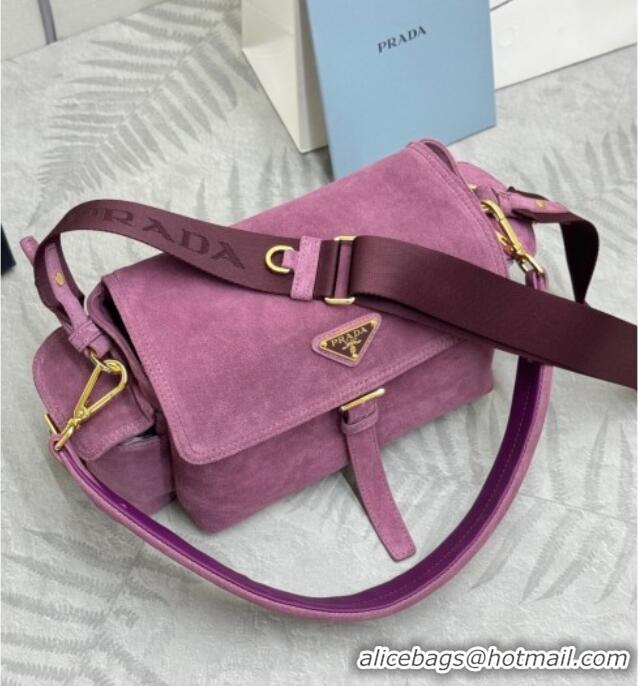 Best Design Prada Explore medium suede shoulder bag with flap 1BD394 Purple 2025