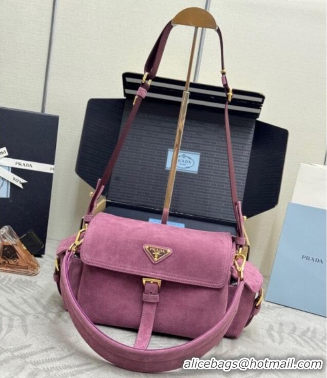 Best Design Prada Explore medium suede shoulder bag with flap 1BD394 Purple 2025