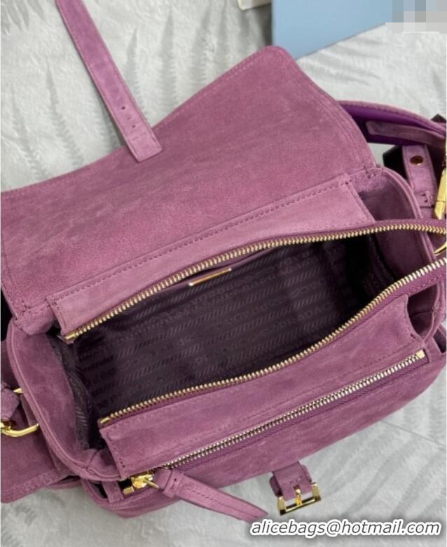 Best Design Prada Explore medium suede shoulder bag with flap 1BD394 Purple 2025