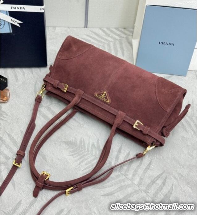 Promotional Prada Bonnie Medium Suede handbag 1BA426 Burgundy 2025