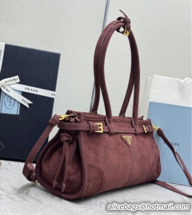 Promotional Prada Bonnie Medium Suede handbag 1BA426 Burgundy 2025