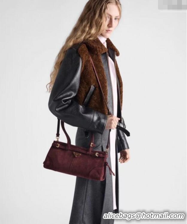 Promotional Prada Bonnie Medium Suede handbag 1BA426 Burgundy 2025